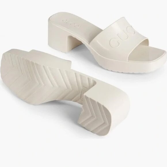 Gucci Double GG Logo Rubber Platform Block Heel Mules Slides Sandals Shoes - Picture 3 of 16